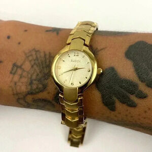 Elgin Gold Tone Watch 22mm EG386 Round Dial Women's WORKS
